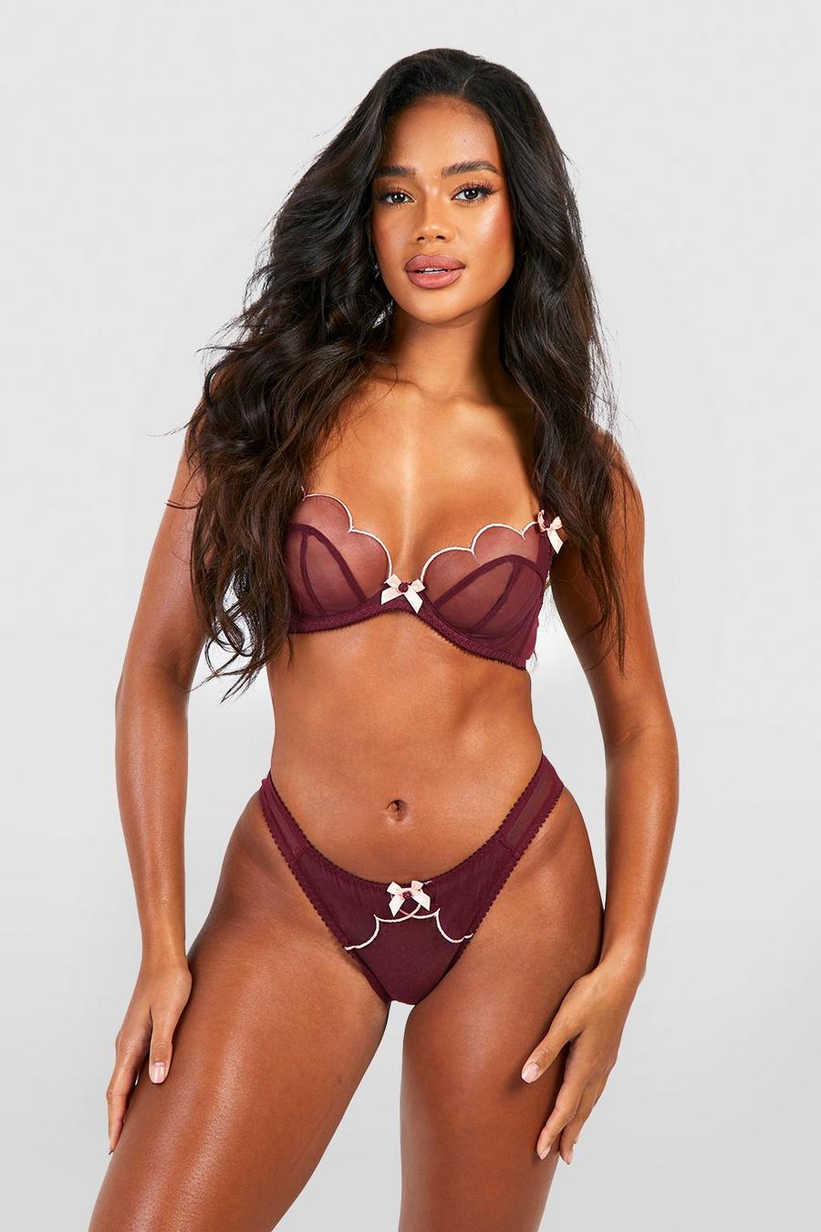 Burgundy Scalloped Detail Bow Trim Bra And Thong Set image number 1