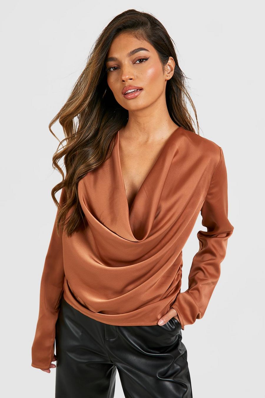 Chocolate Satin Cowl Blouse  image number 1
