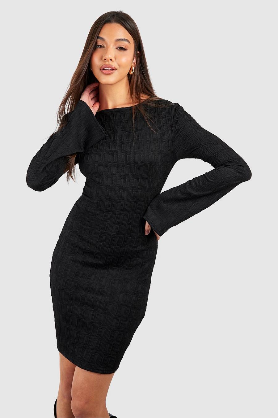 Black Textured Flare Sleeve Mini Dress
