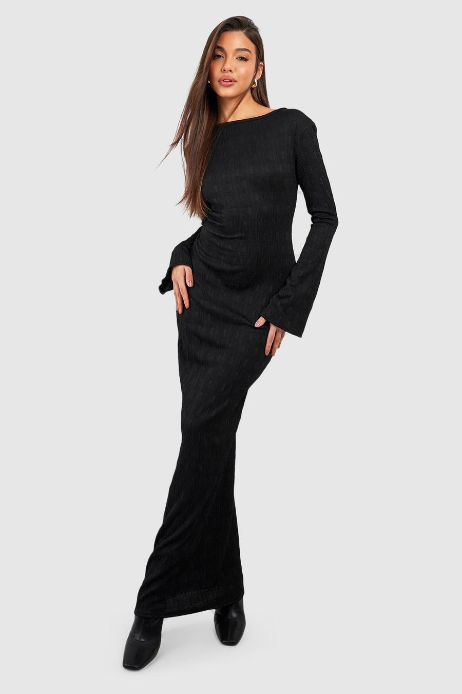 Black Textured Flare Sleeve Column Maxi Dress