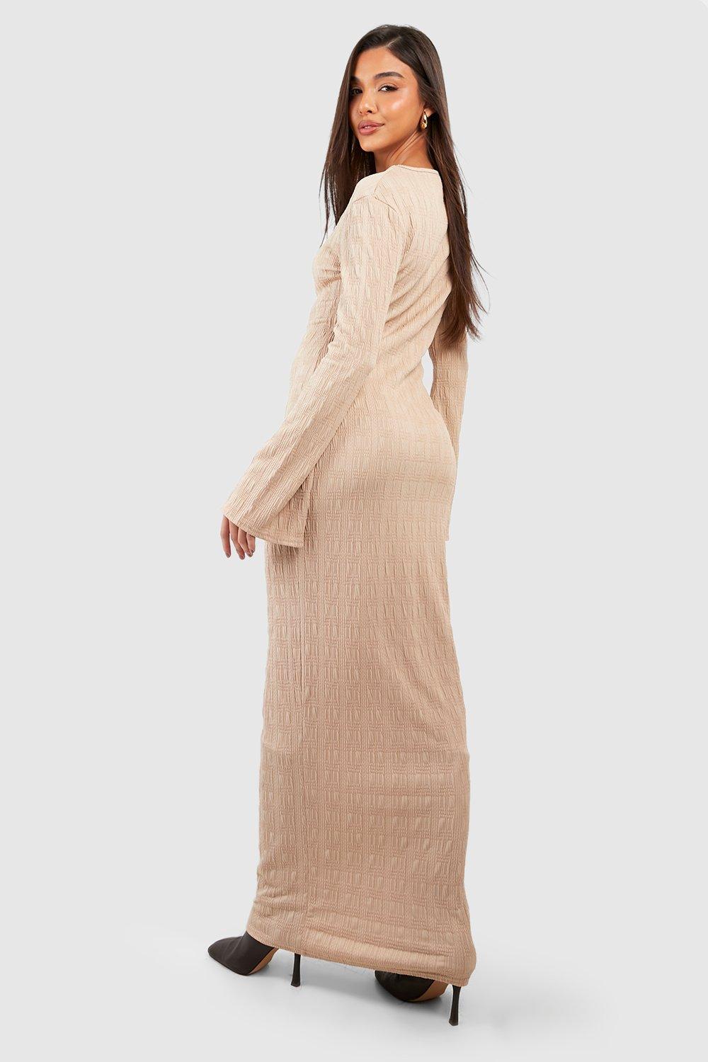 Textured Flare Sleeve Column Maxi Dress | boohoo