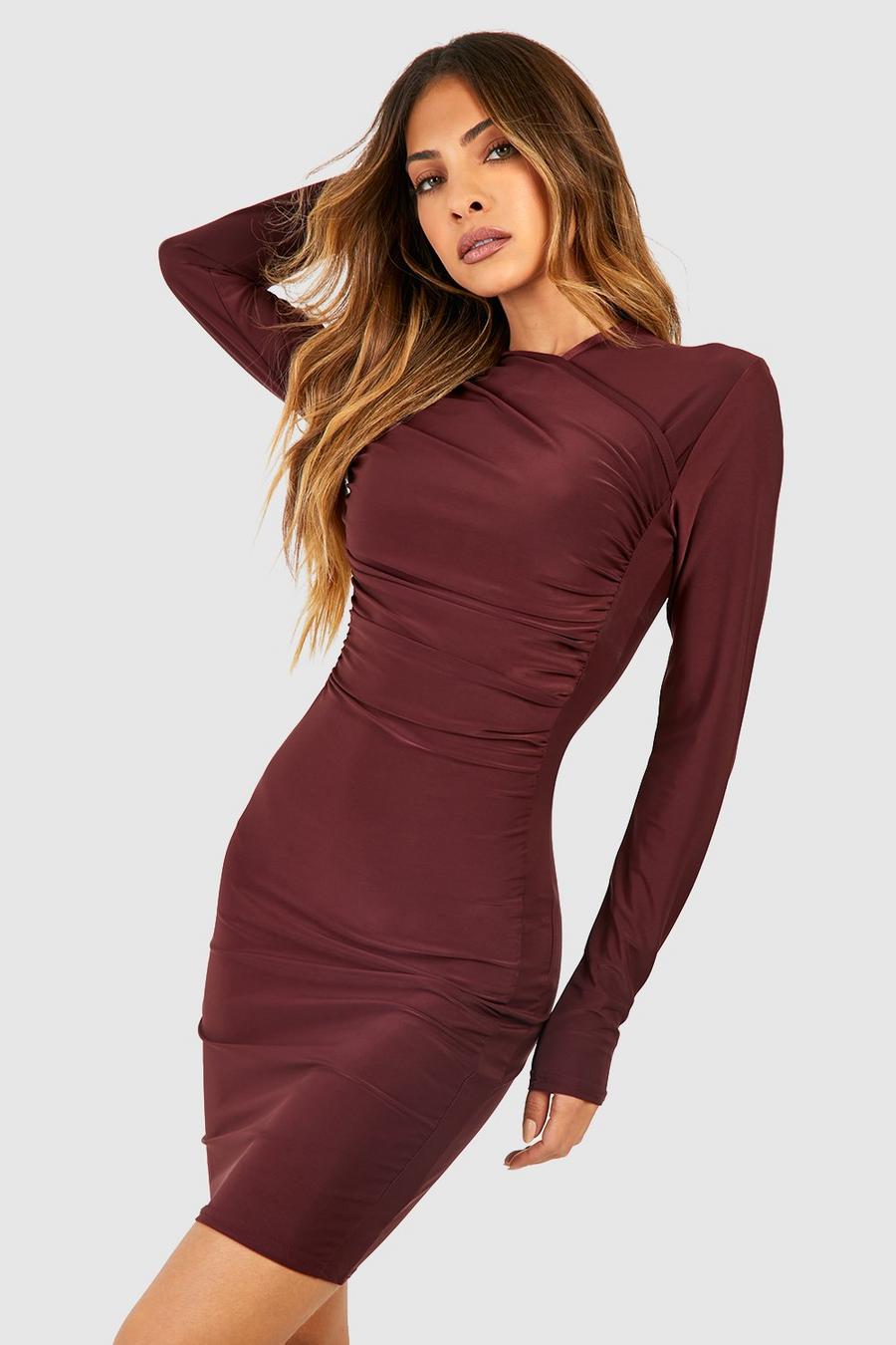 Chocolate Matte Slinky Rouched Asymmetric Mini Dress image number 1