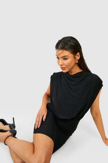 Matte Slinky Ruched Shoulder Mini Dress black