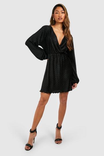 Wave Plisse Blouson Mini Dress black