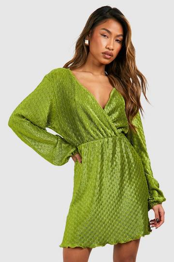 Olive Green Wave Plisse Blouson Mini Dress