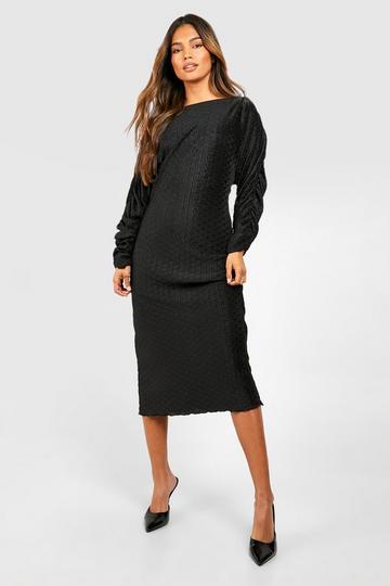 Wave Plisse Rouched Sleeve Midi Dress black