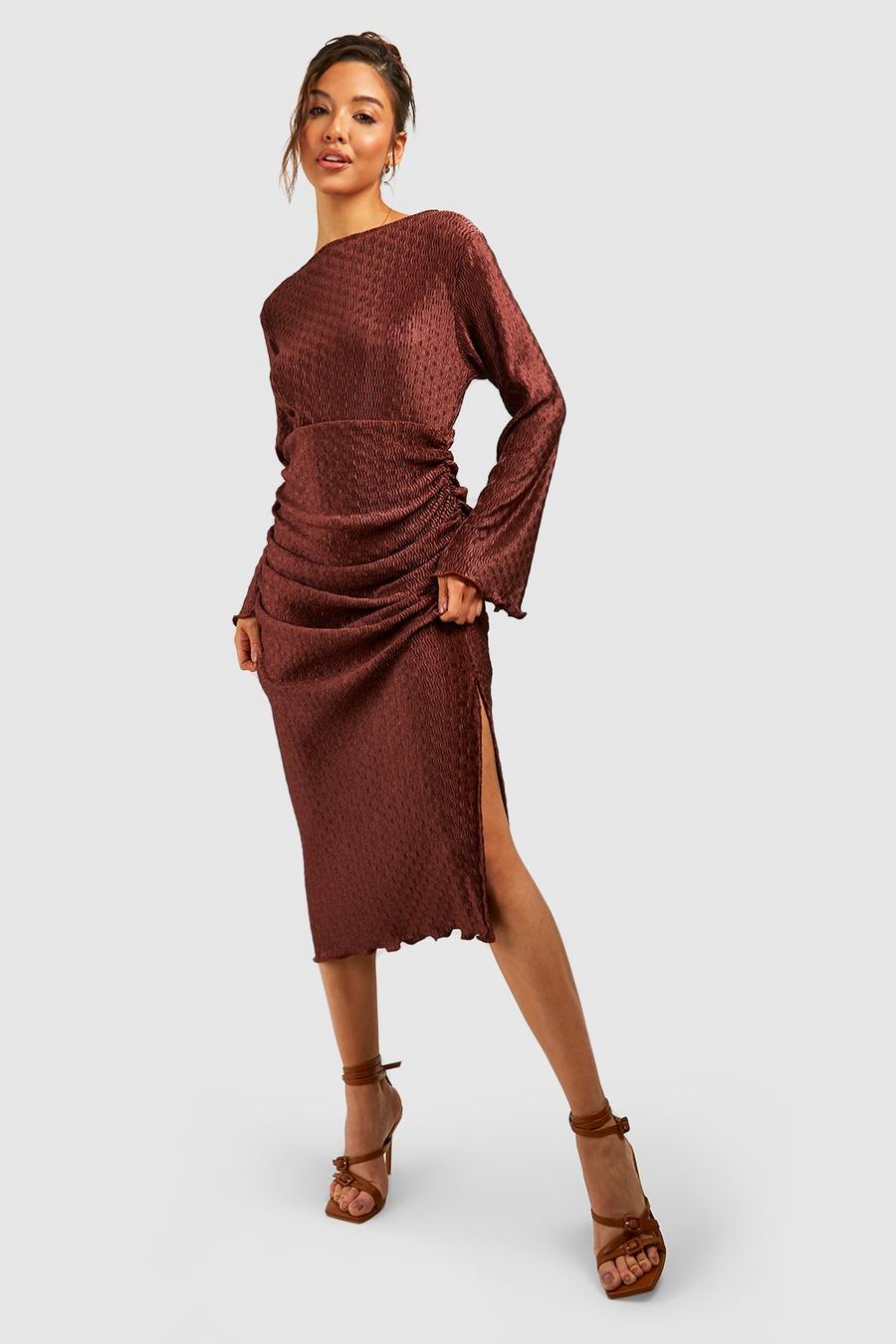 Chocolate Wave Plisse Rouched Midaxi Dress image number 1