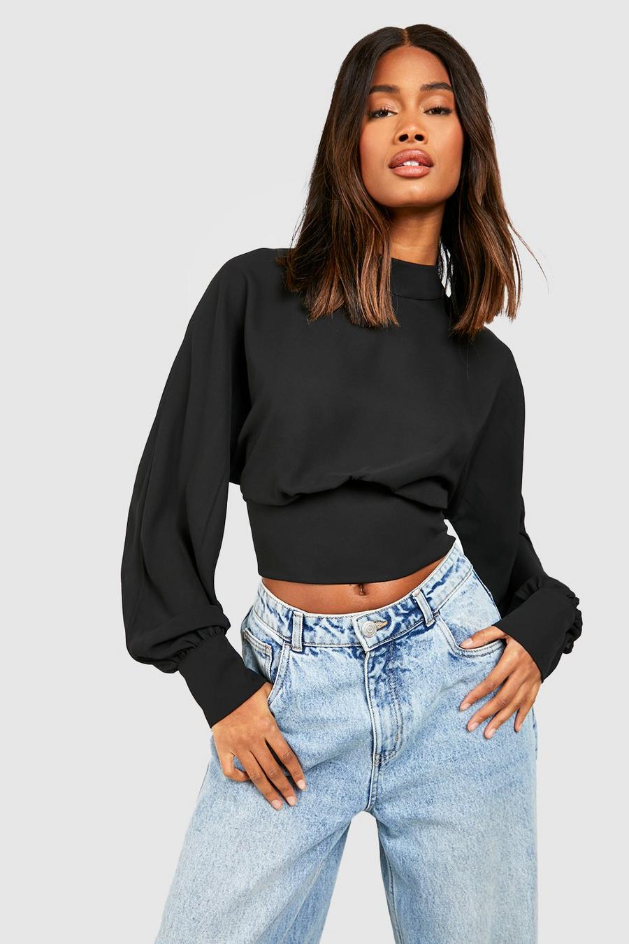 Black Woven V Waist Puff Sleeve Blouse image number 1
