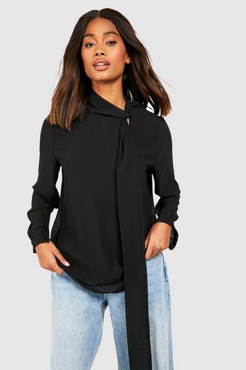 Neck Tie Pleat Back Blouse black