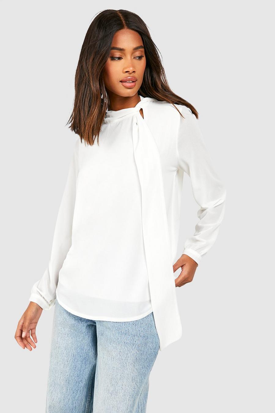 Ivory Neck Tie Pleat Back Blouse image number 1