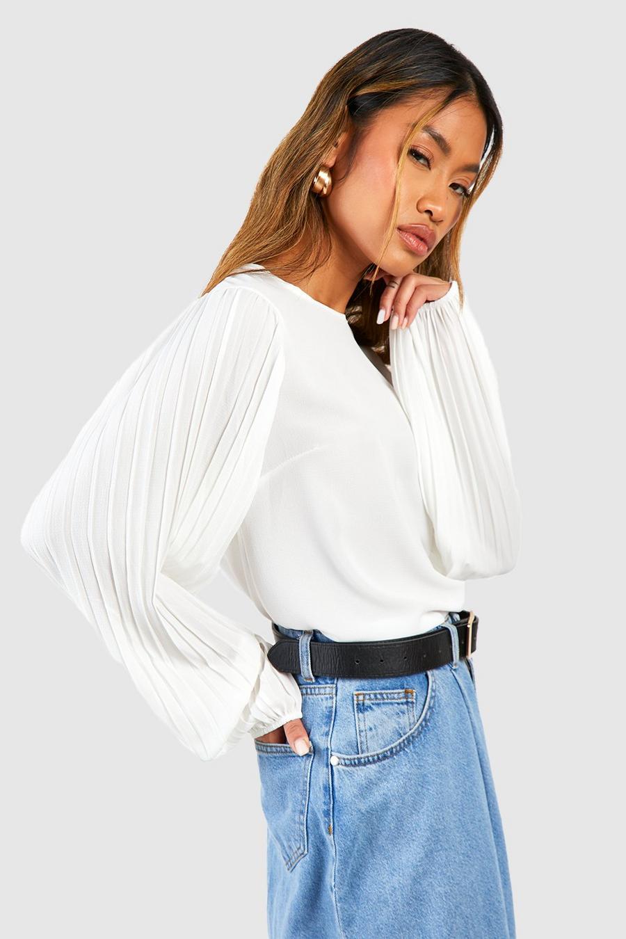 Ivory white Woven Pleated Volume Sleeve Blouse