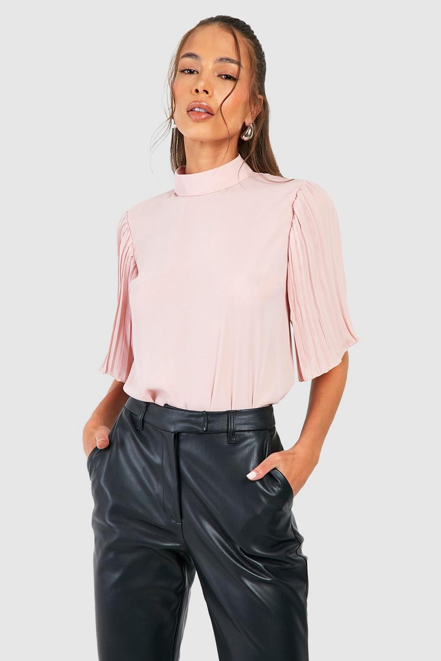 Blush High Neck Pleat Sleeve Blouse