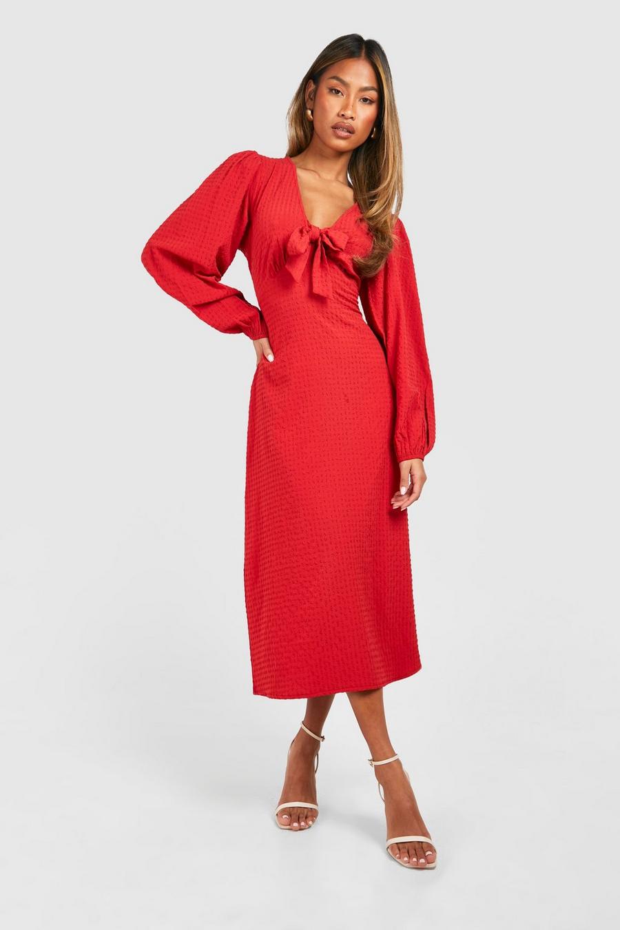 Red Textured Tie Bust Midi Smock Dress image number 1