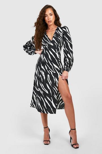 Animal Print Blouson Sleeve Midi Dress black