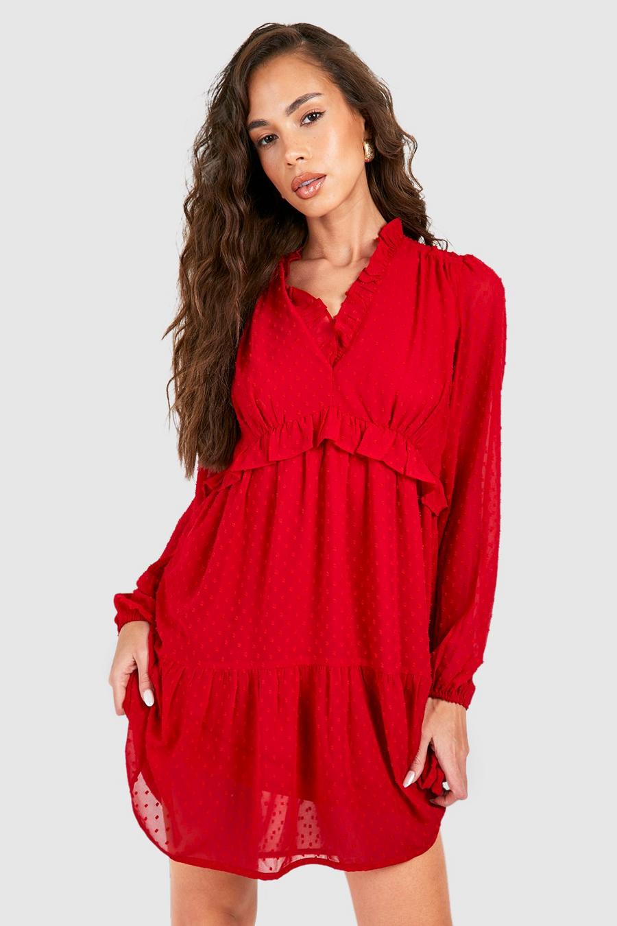 Red Dobby Chiffon Mini Jurk Met Franjes