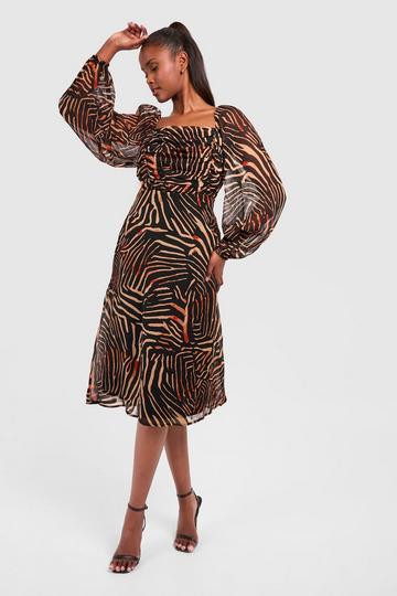 Chiffon Animal Print Ruched Midi Dress brown