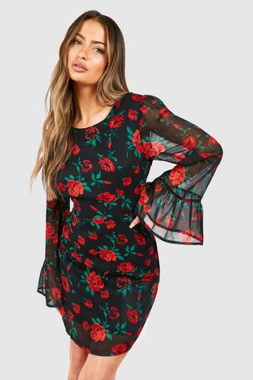 Rose Print Flare Sleeve Chiffon Mini Dress red