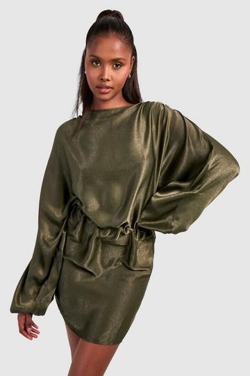 Olive Green Hamered Satin Blouson Mini Dress