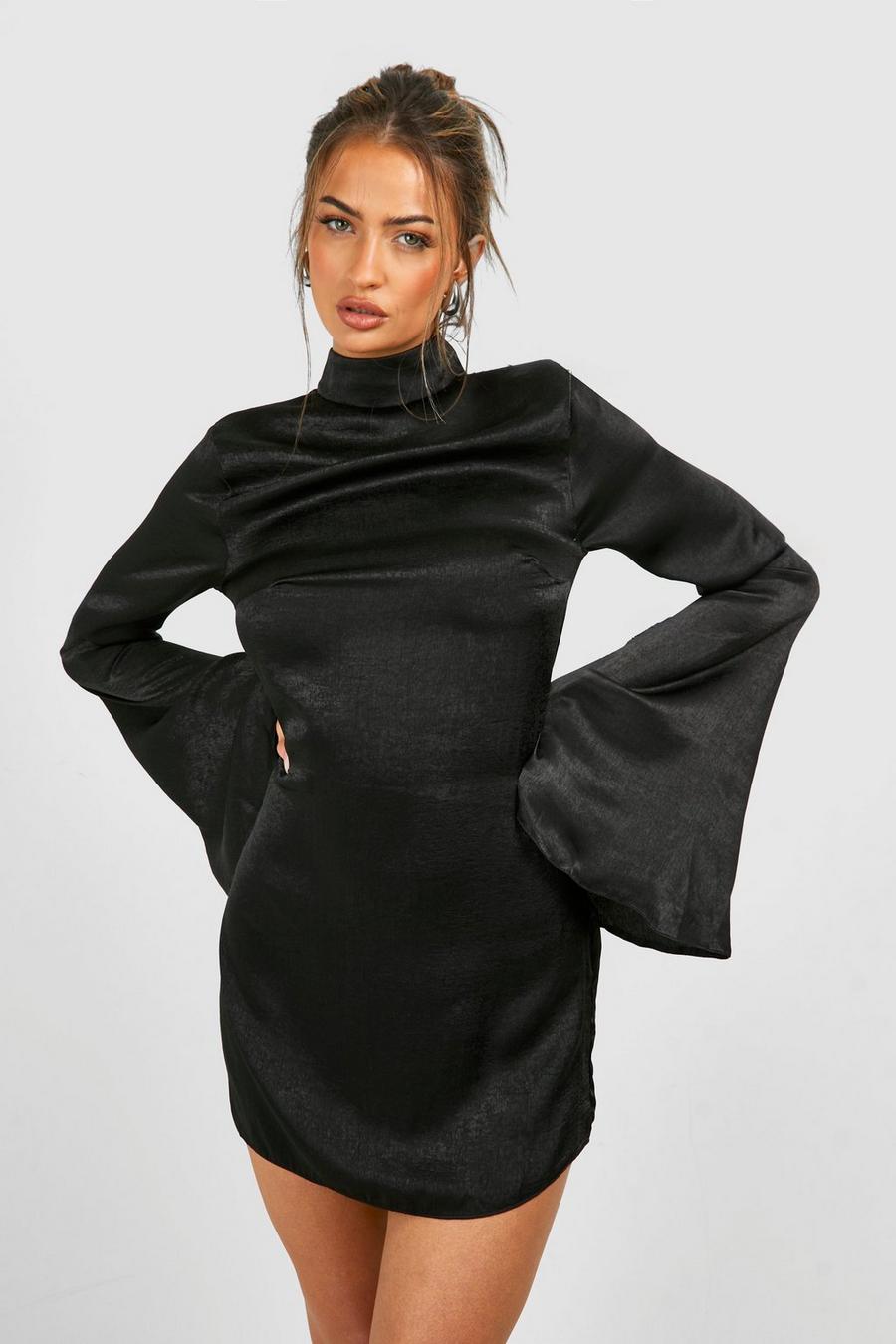 Black Hamered Satin Flare Sleeve Mini Dress