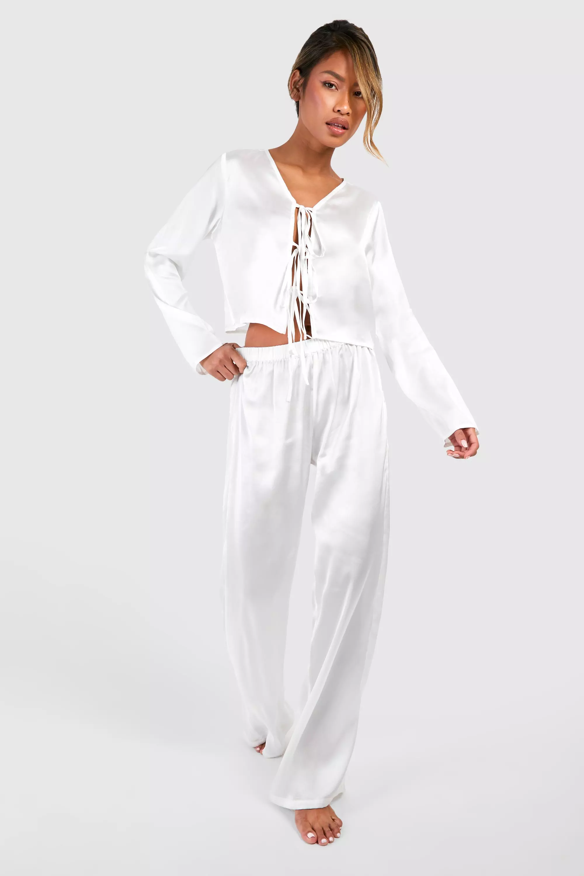 White Tie Front Satin Trouser Pyjama Set  alternative image