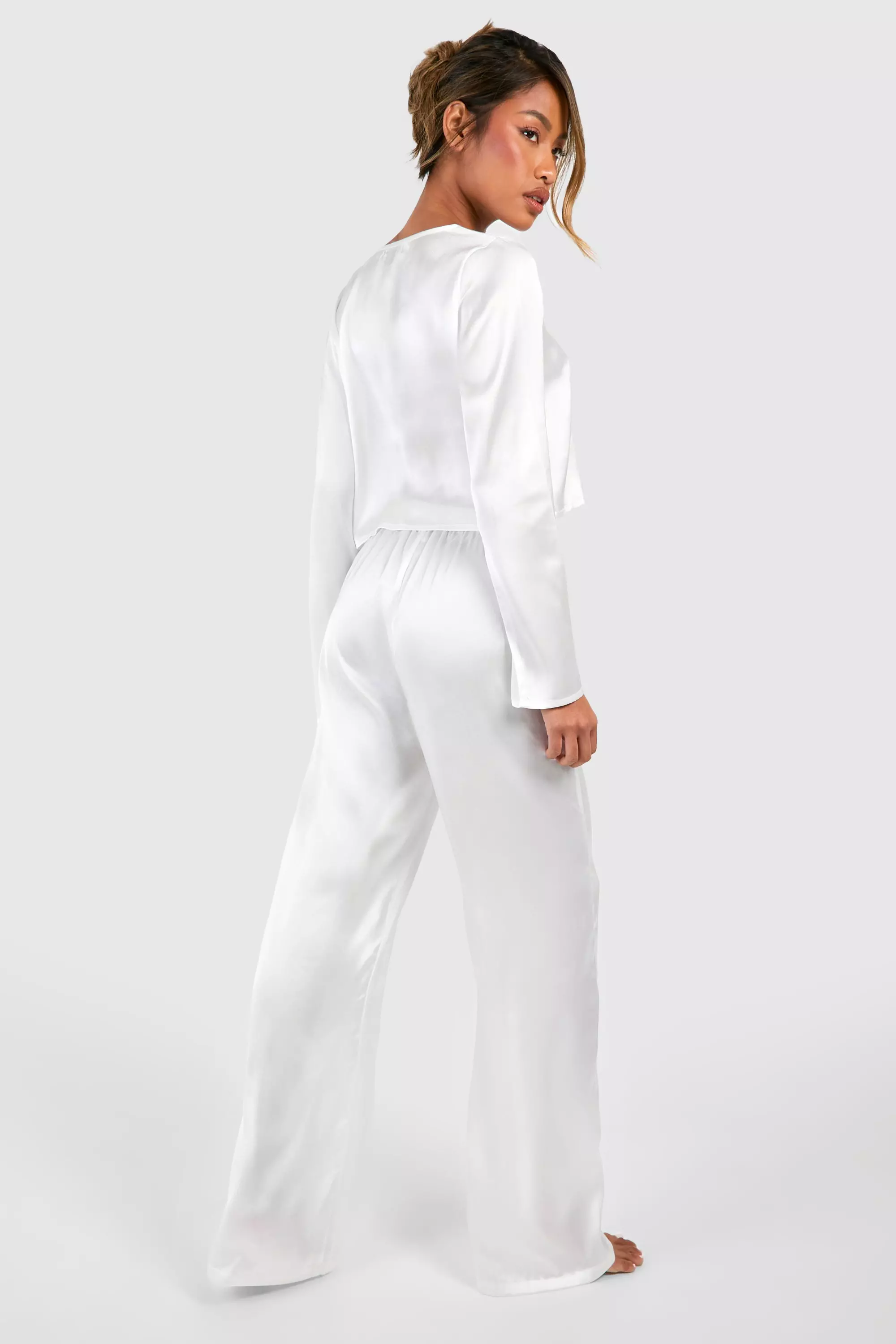 White Tie Front Satin Trouser Pyjama Set  alternative image