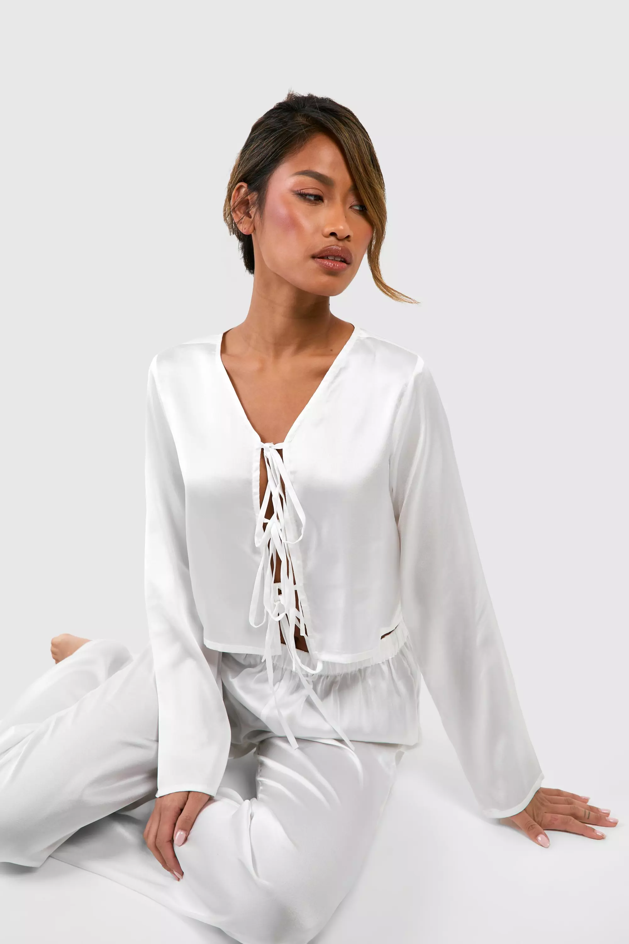 White Tie Front Satin Trouser Pyjama Set  alternative image