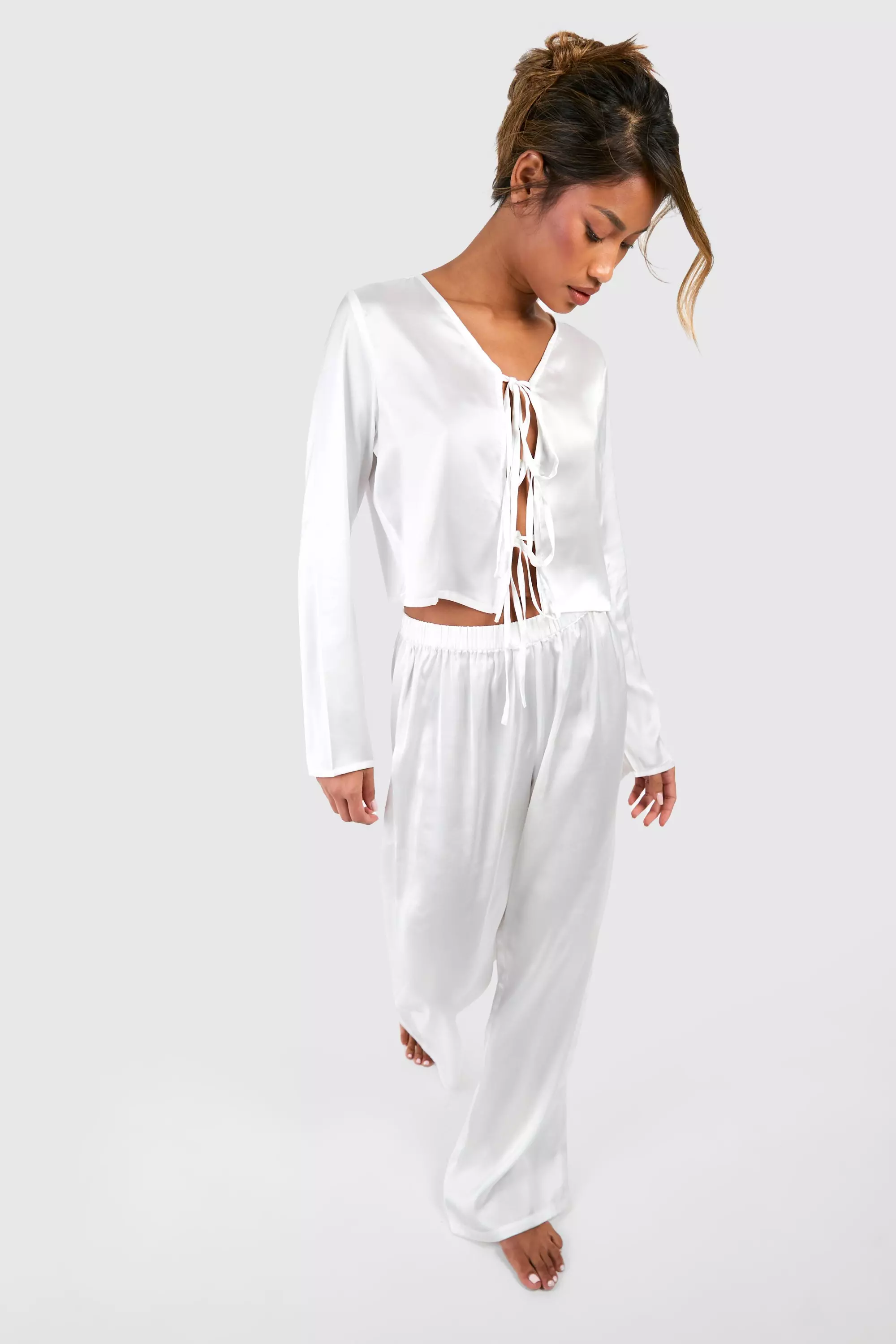 White Tie Front Satin Trouser Pyjama Set  alternative image