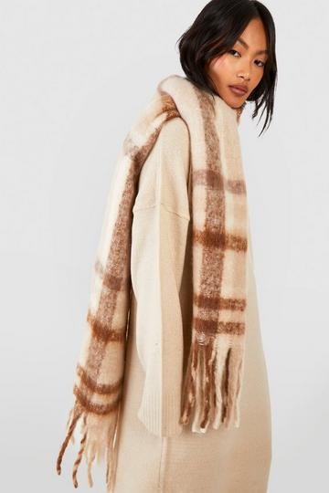 Tonal Checked Tassel Fringe Scarf neutral