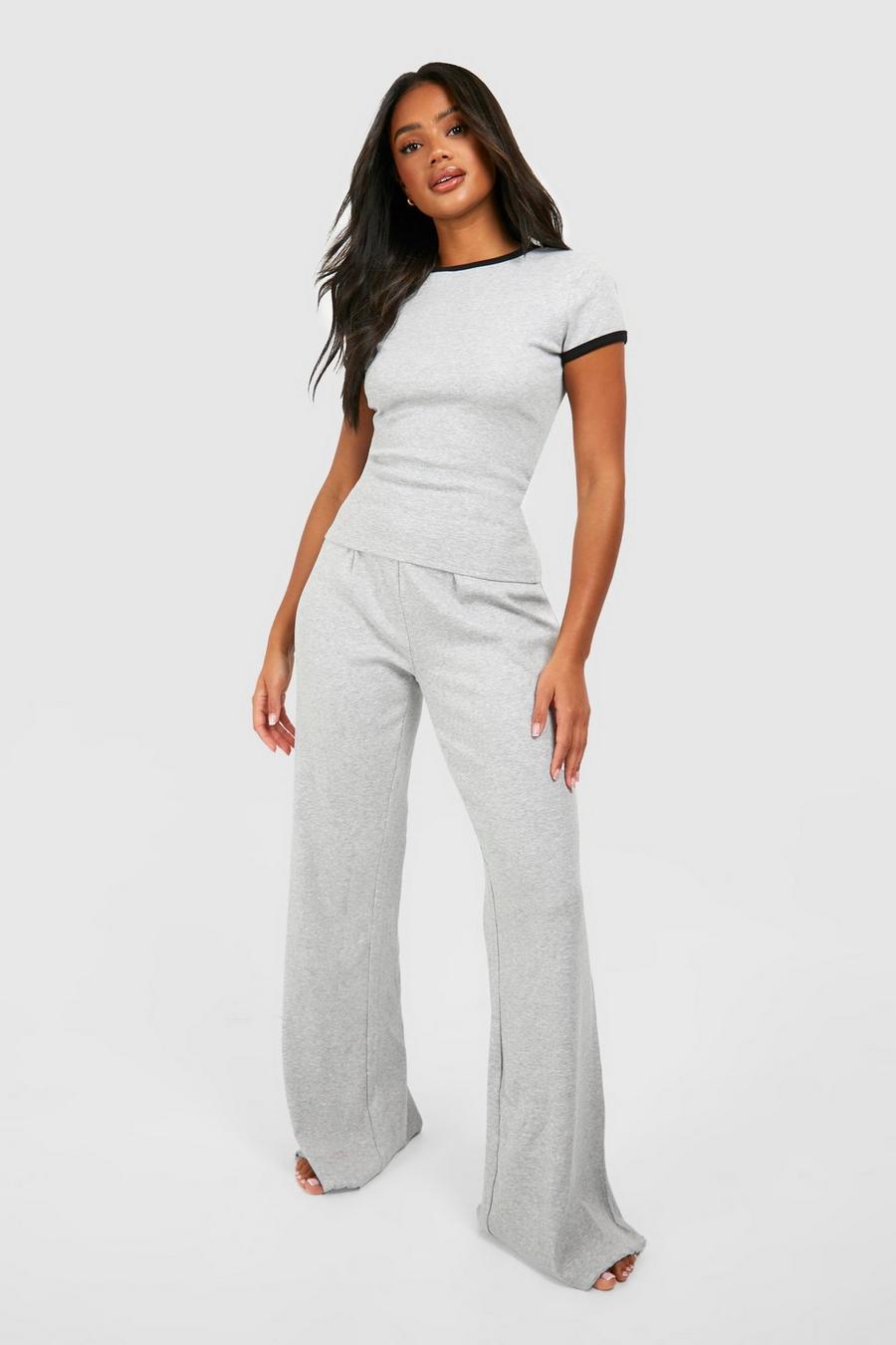 Graue gerippte Loungewear-Hose mit weitem Bein, Grey image number 1