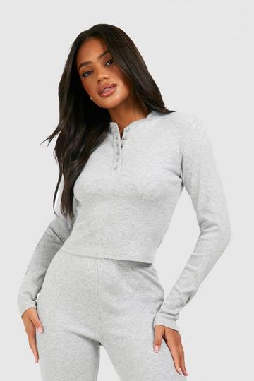 Button Front Long Sleeve Top grey marl