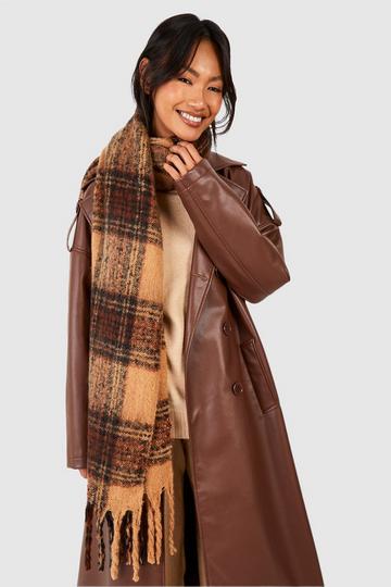 Checked Chunky Tassel Fringe Scarf brown