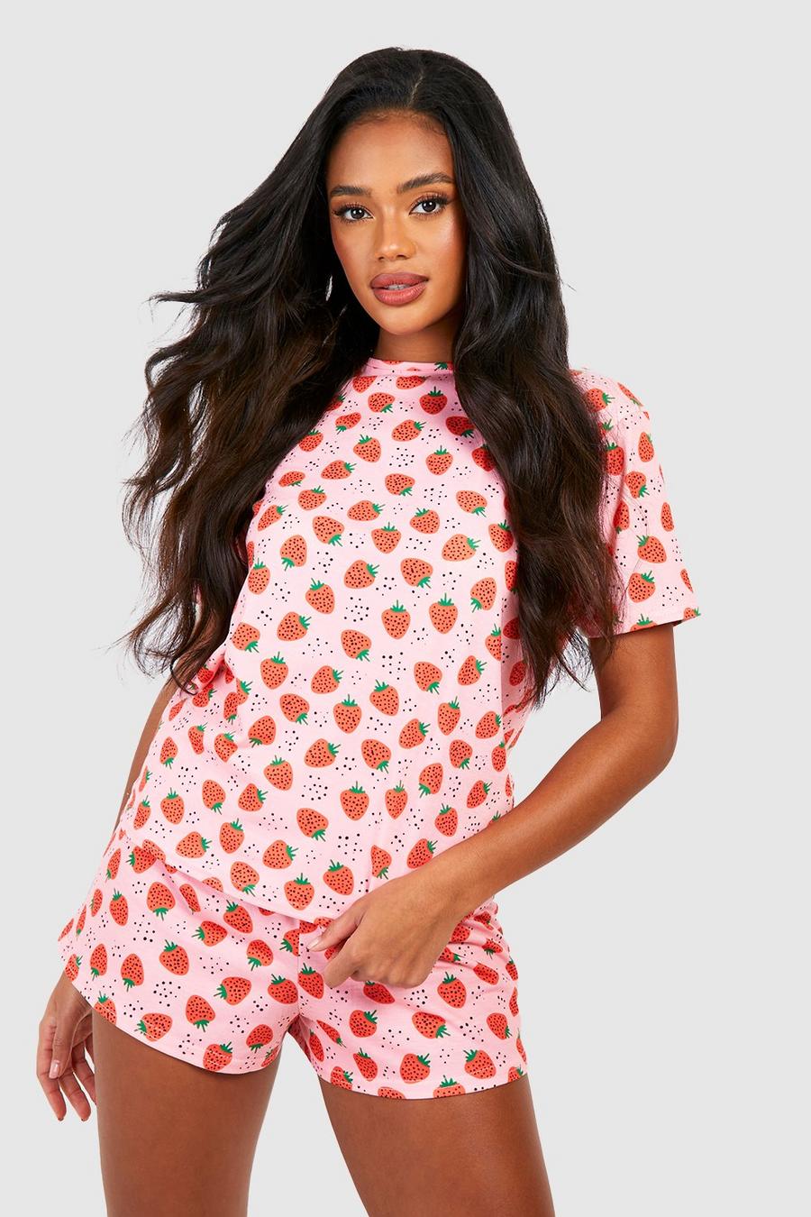 Red Valentine'S Strawberry Print Pajama Shorts Set