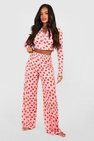 Strawberry Print Button Front Long Sleeve Top & Trousers Pyjama Set red