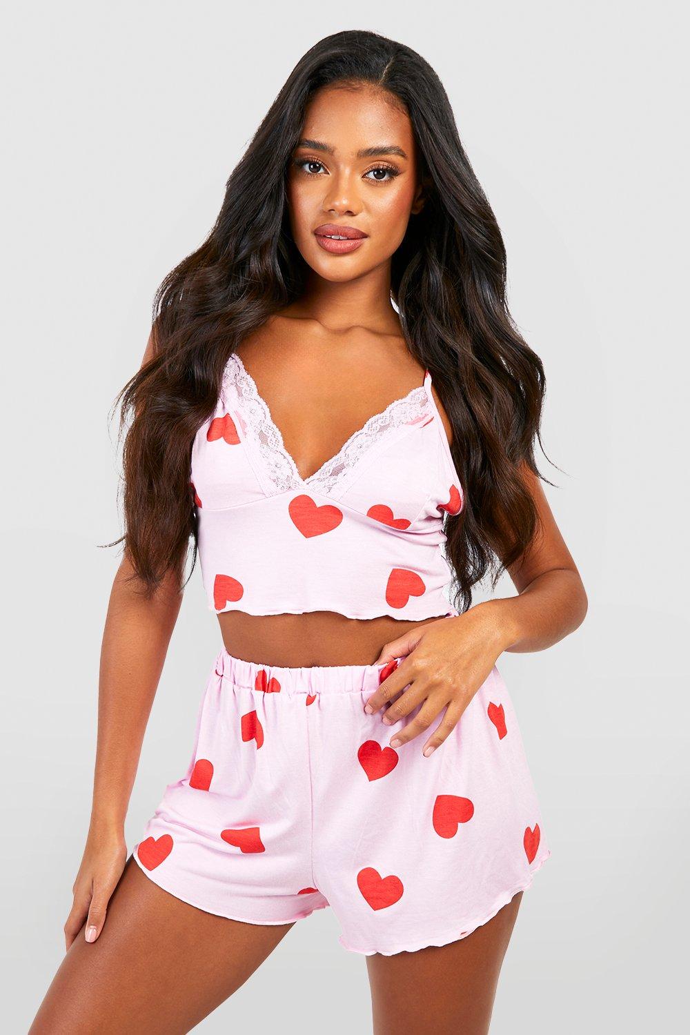 Graphic Love Heart Cropped Top and Shorts Pajama Set