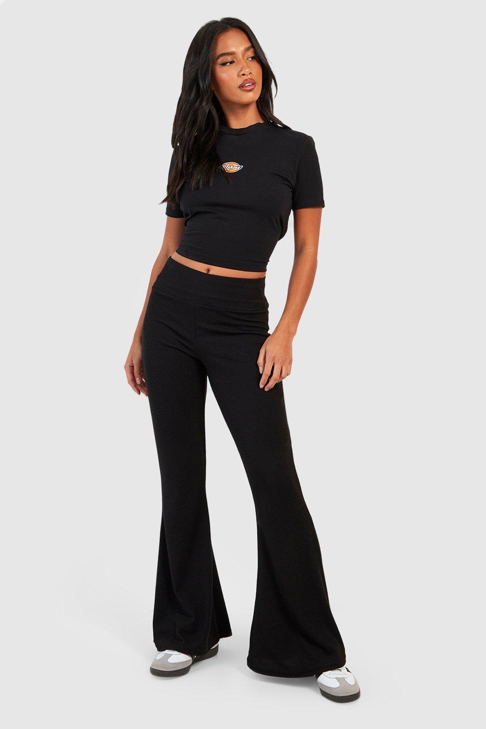 New Look Petite ribbed flare leggings in black