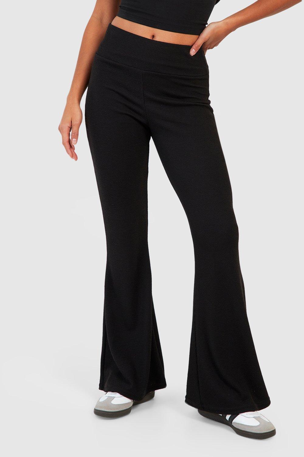 Black Crinkle Rib Cross Over Waist Flared Pants