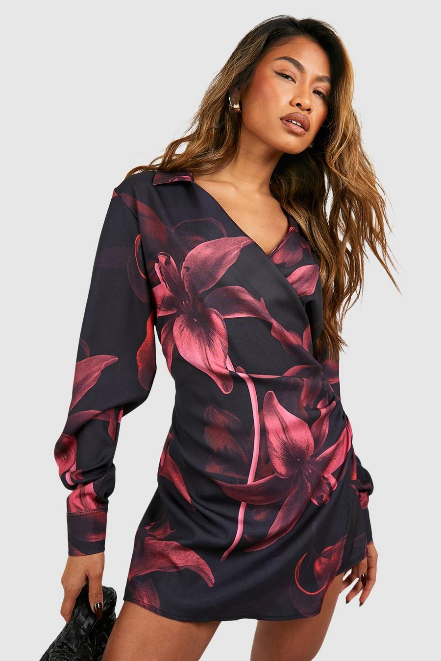 Maroon Blommig skjortklänning i satin med omlott image number 1