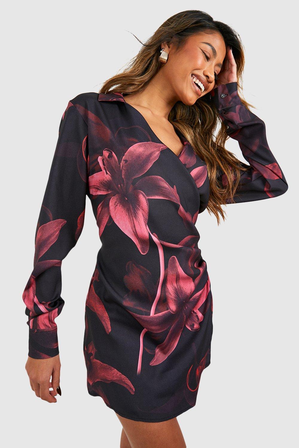 Floral Satin Wrap Shirt Dress boohoo