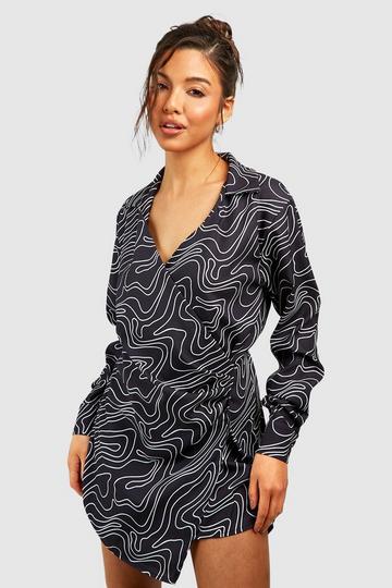 Black Abstract Satin Wrap Shirt Dress