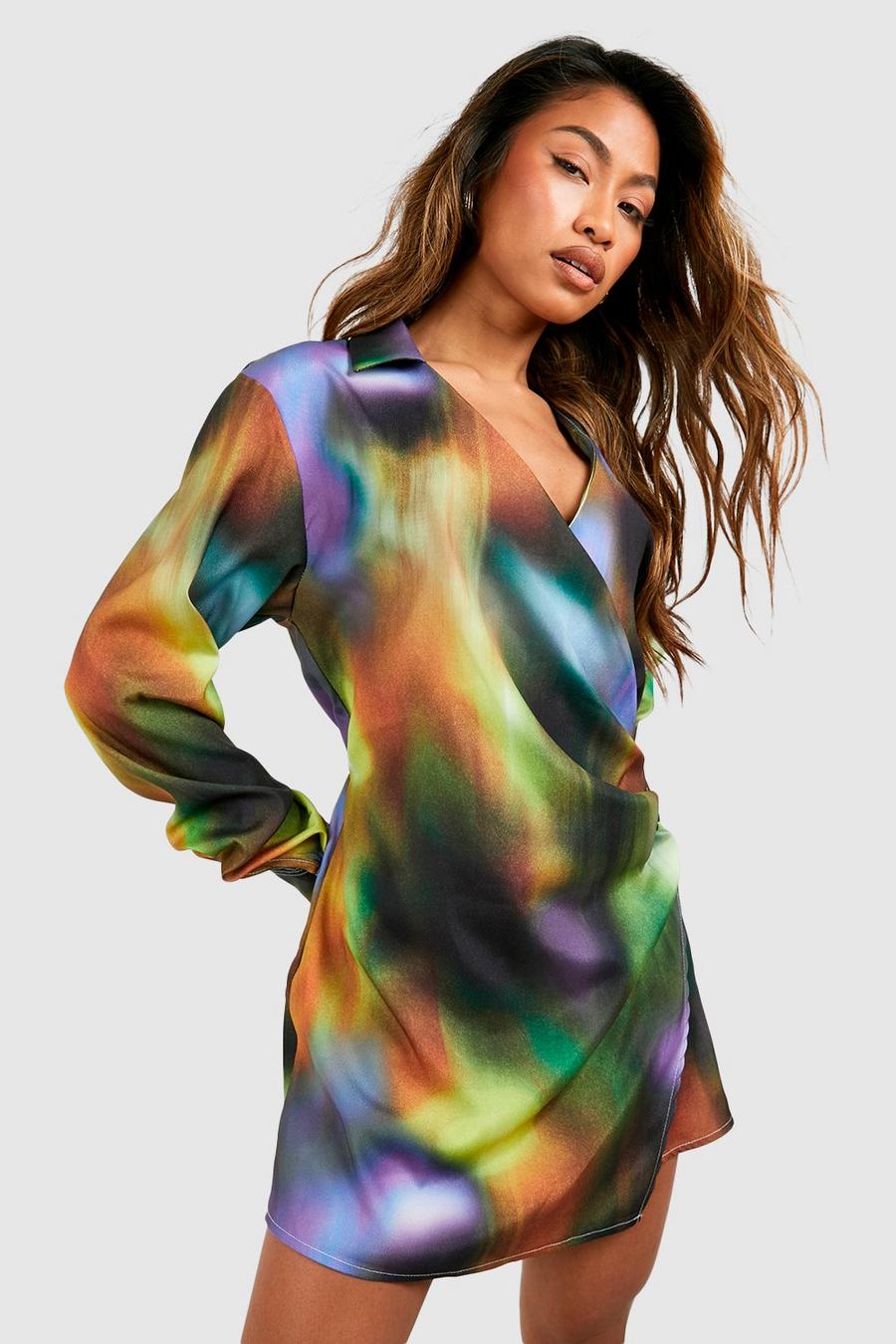 Multi Abstract Satin Wrap Shirt Dress image number 1