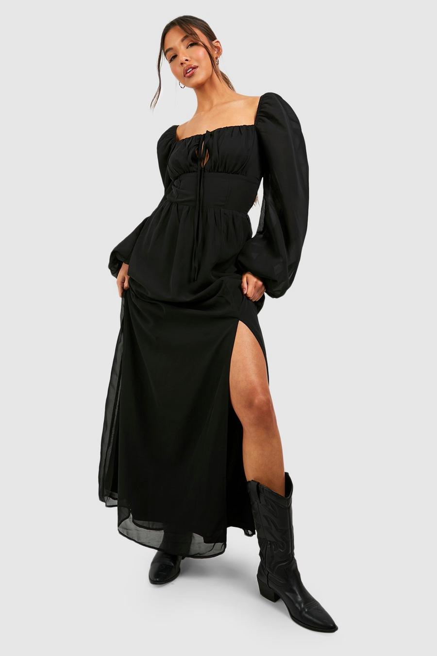 Black Puff Sleeve Rouched Bust Maxi Milkmaid Dress image number 1