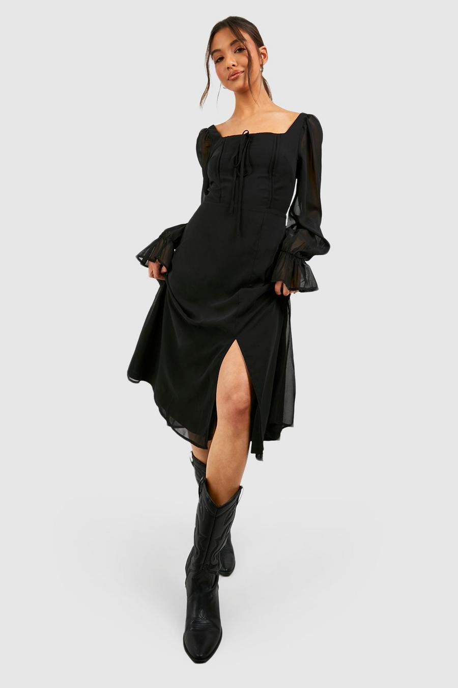 Black Blouson Sleeve Midi Milkmaid Dress image number 1