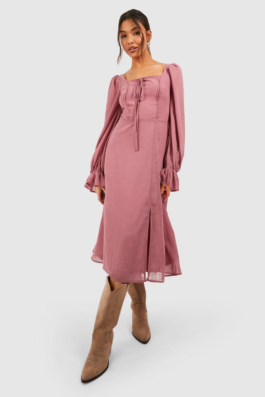 Vestido midi estilo mesonera con mangas de blusón, Dusty pink image number 1