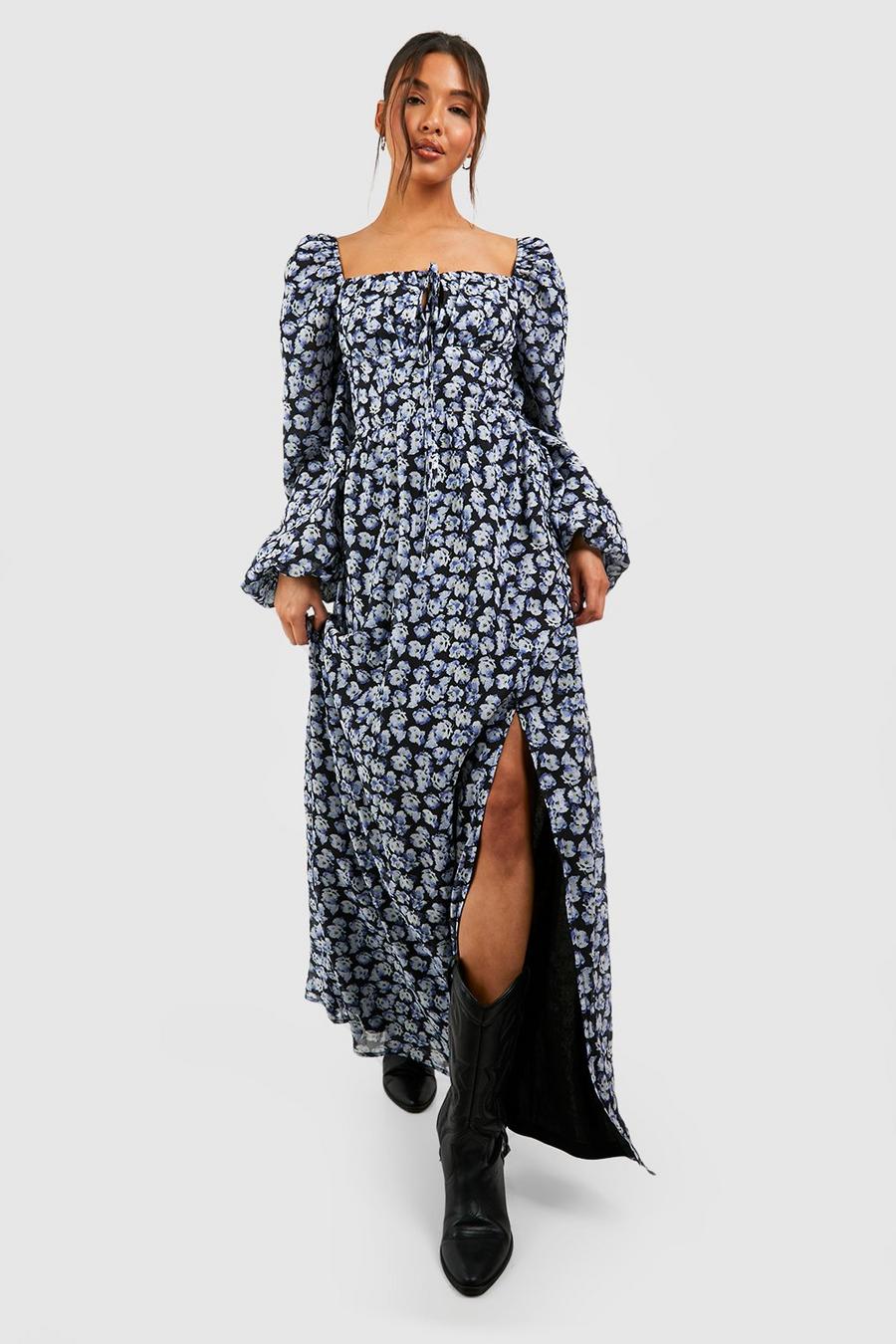Black Floral Puff Sleeve Ruched Bust Maxi Milkmaid Dress image number 1