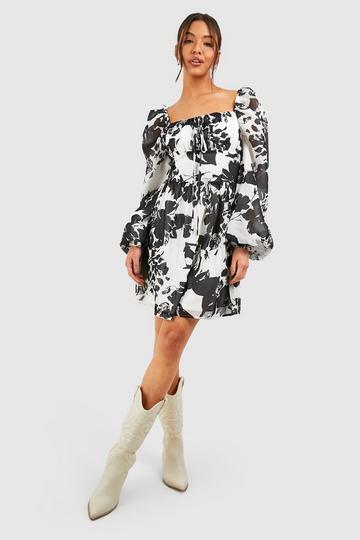 Cream White Floral Ruched Bust Mini Milkmaid Dress