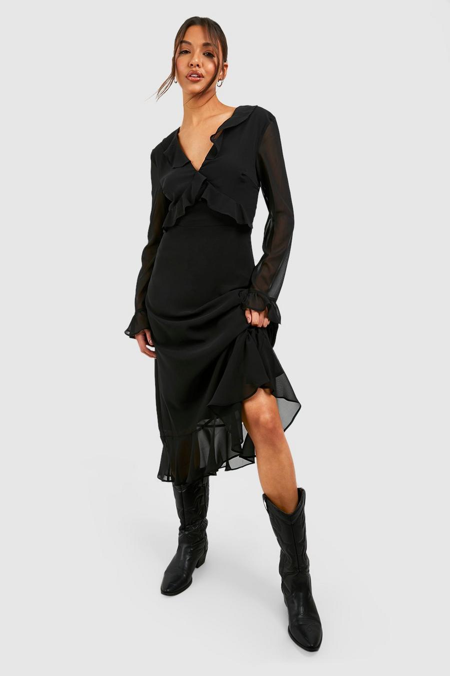 Black Chiffon Flare Sleeve Midi Dress image number 1
