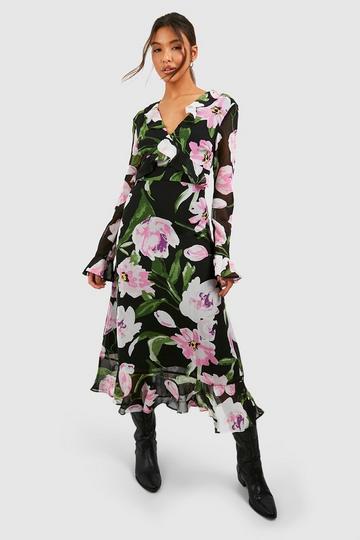 Gesmokte Chiffon Bloemen Jurk Met Print black