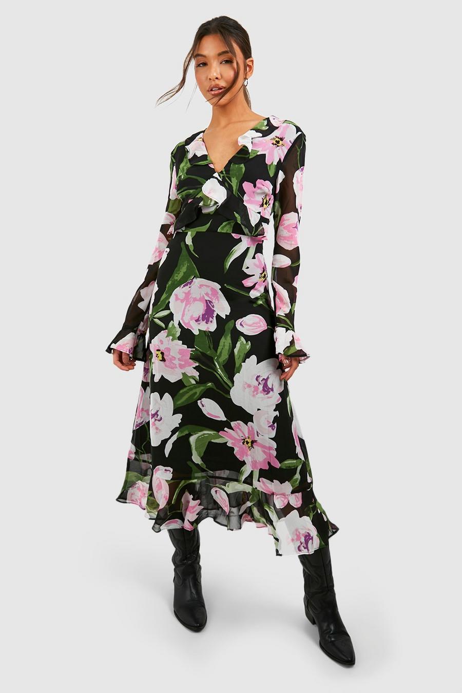 Black Floral Chiffon Printed Smock Dress image number 1