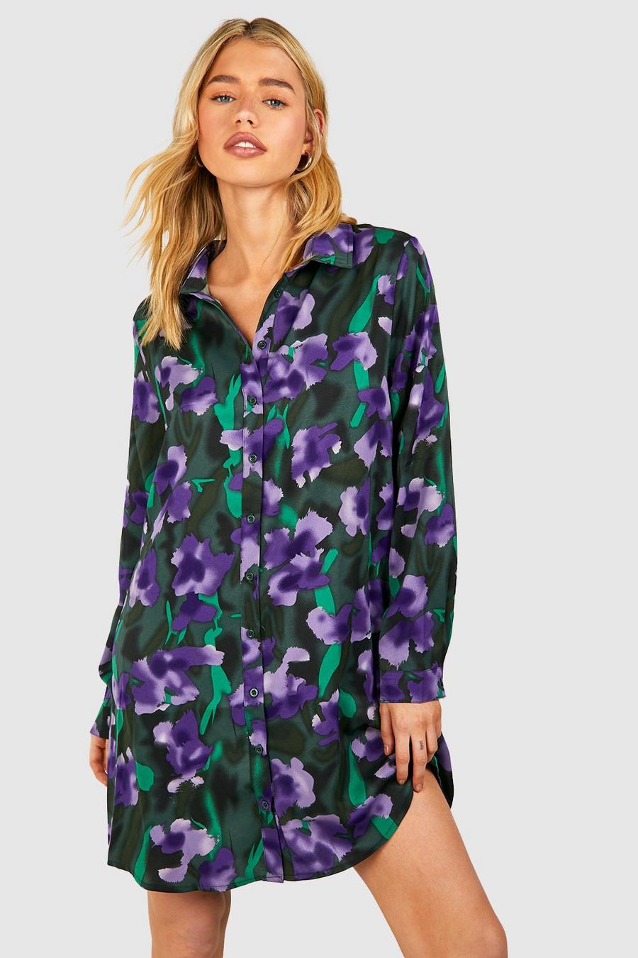 Hemd-Kleid mit floralem Print, Purple