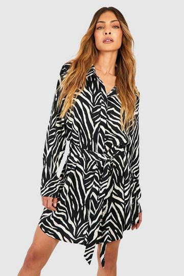 Abstract Print Tie Waist Shirt Dress black